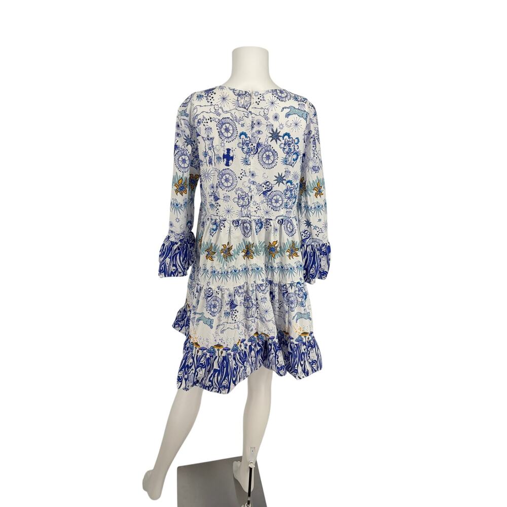 Emporio Sirenuse Positano Blue White Celestial Print Tiered Cotton Dress IT 44 - Picture 3 of 4